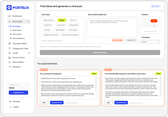 Postelix dashboard workspace for generating LinkedIn posts.