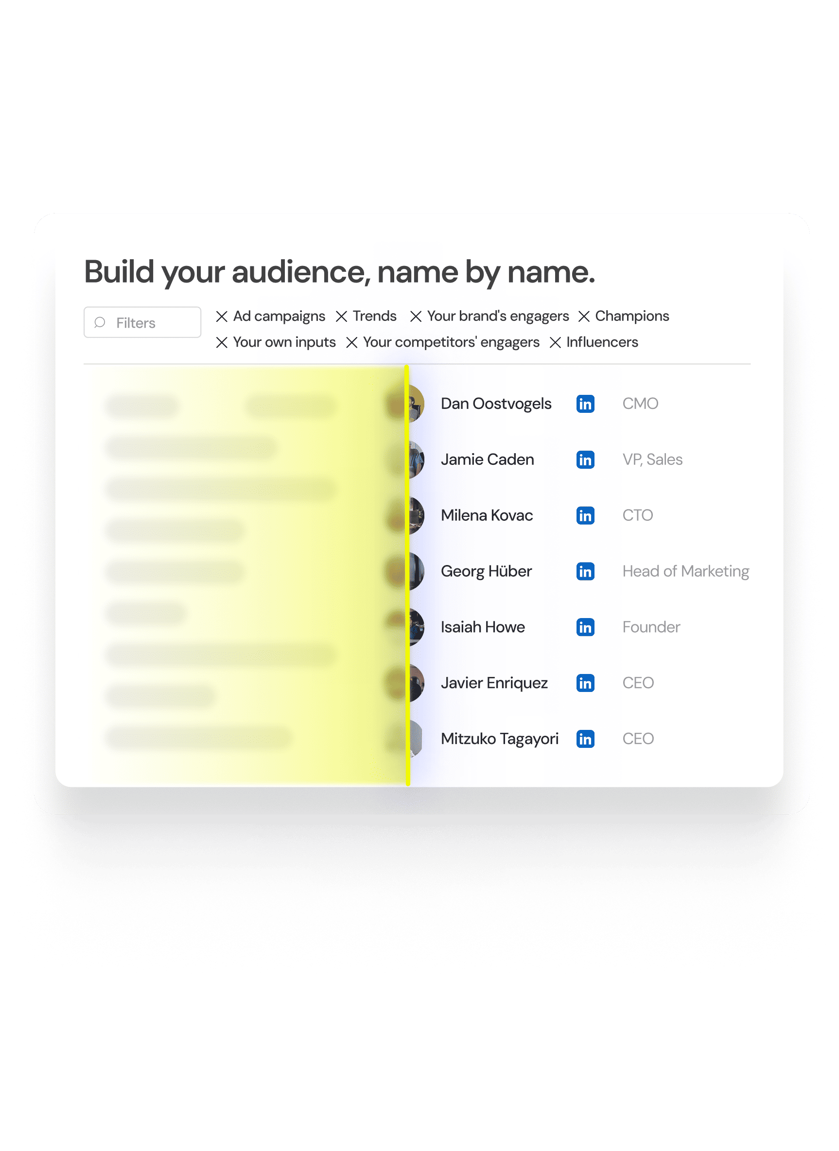 Postelix dashboard building your audience name by name: every buyer in your B2B market surfaced with name, role and LinkedIn profile, sourced from ad campaigns, trends, your brand's engagers, champions, your own inputs, competitors' engagers and influencers
