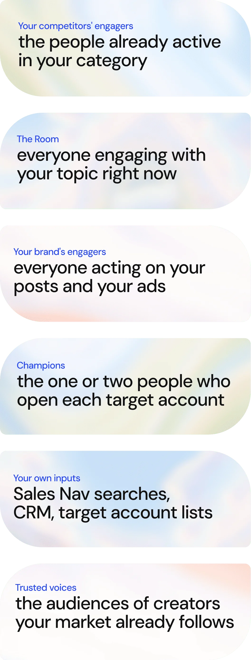 Six sources of your audience: your competitors' engagers, the room, your brand's engagers, champions, your own inputs and trusted voices