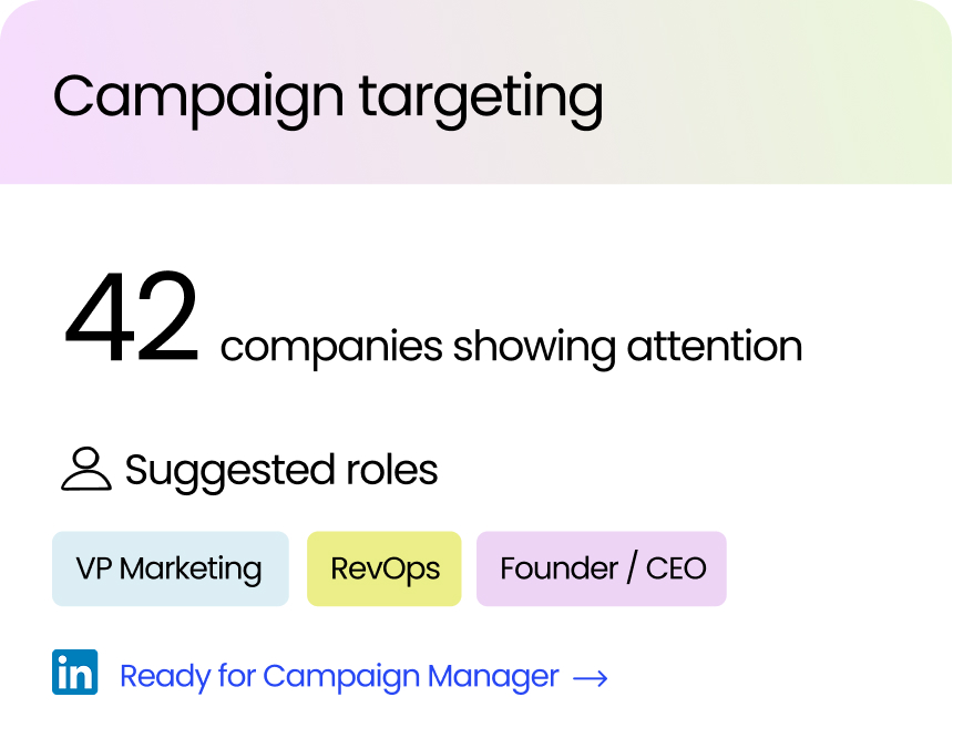 Campaign targeting: 42 companies showing attention, with suggested roles VP Marketing, RevOps and Founder / CEO, ready for Campaign Manager