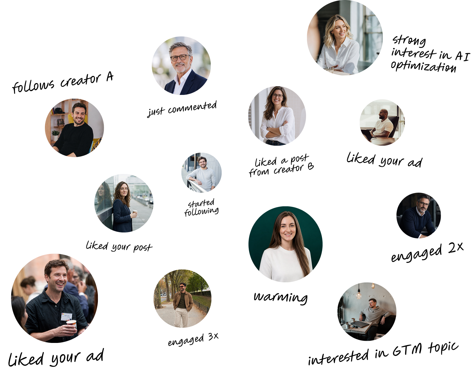 Portraits of B2B buyers annotated with the signals they gave: follows creator A, just commented, liked your ad, engaged 2x, warming, interested in GTM topic