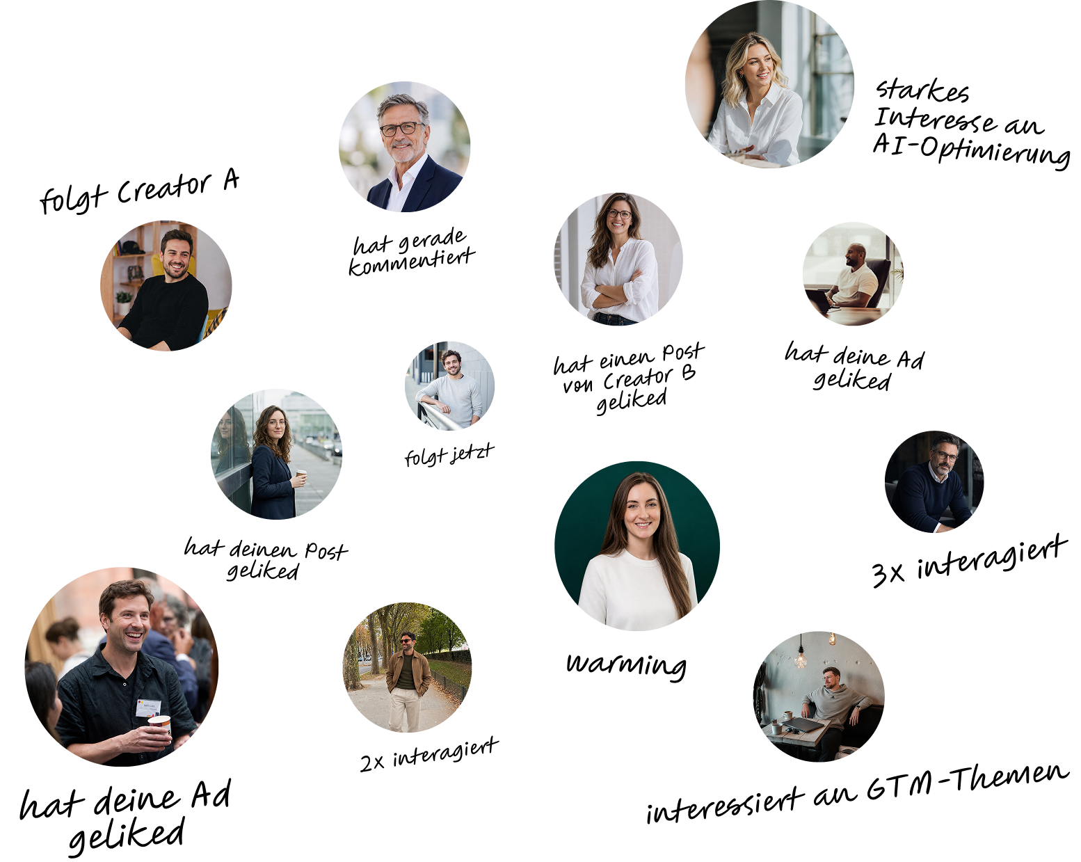 Porträts potenzieller B2B-Kunden mit Aktivitäten wie Kommentaren, Anzeigen-Likes, wiederholten Interaktionen und Interesse an Marketing- und Vertriebsthemen