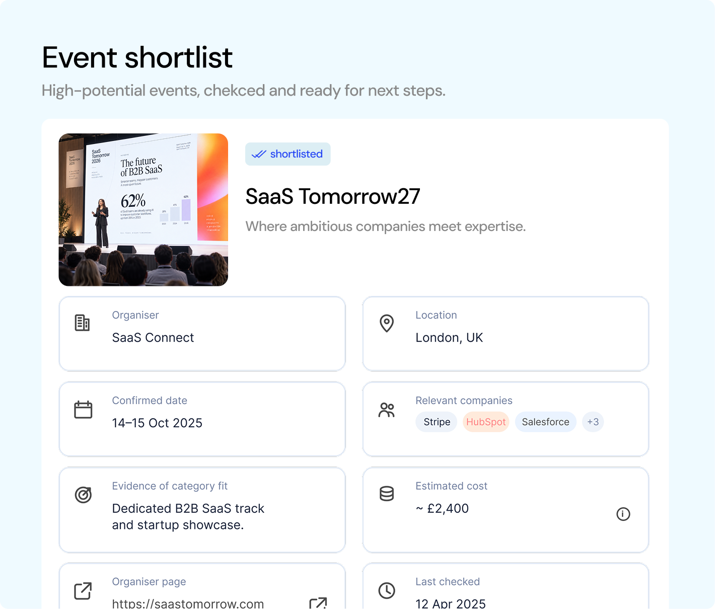 Event shortlist card: organiser, location, confirmed date, relevant companies, evidence of category fit, estimated cost and when it was last checked