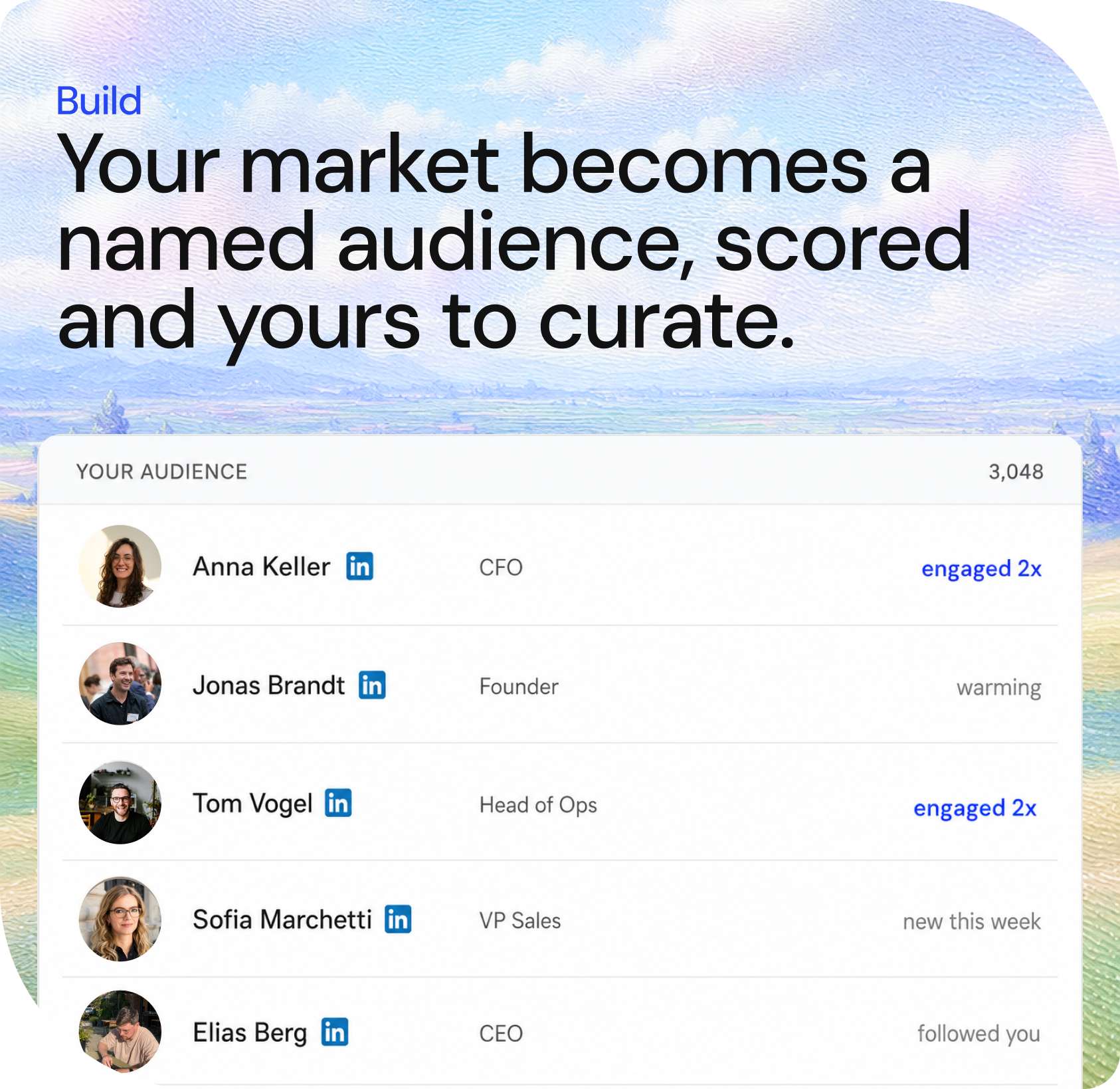 Build: your market becomes a named audience, scored and yours to curate — a list of named buyers with role and latest signal
