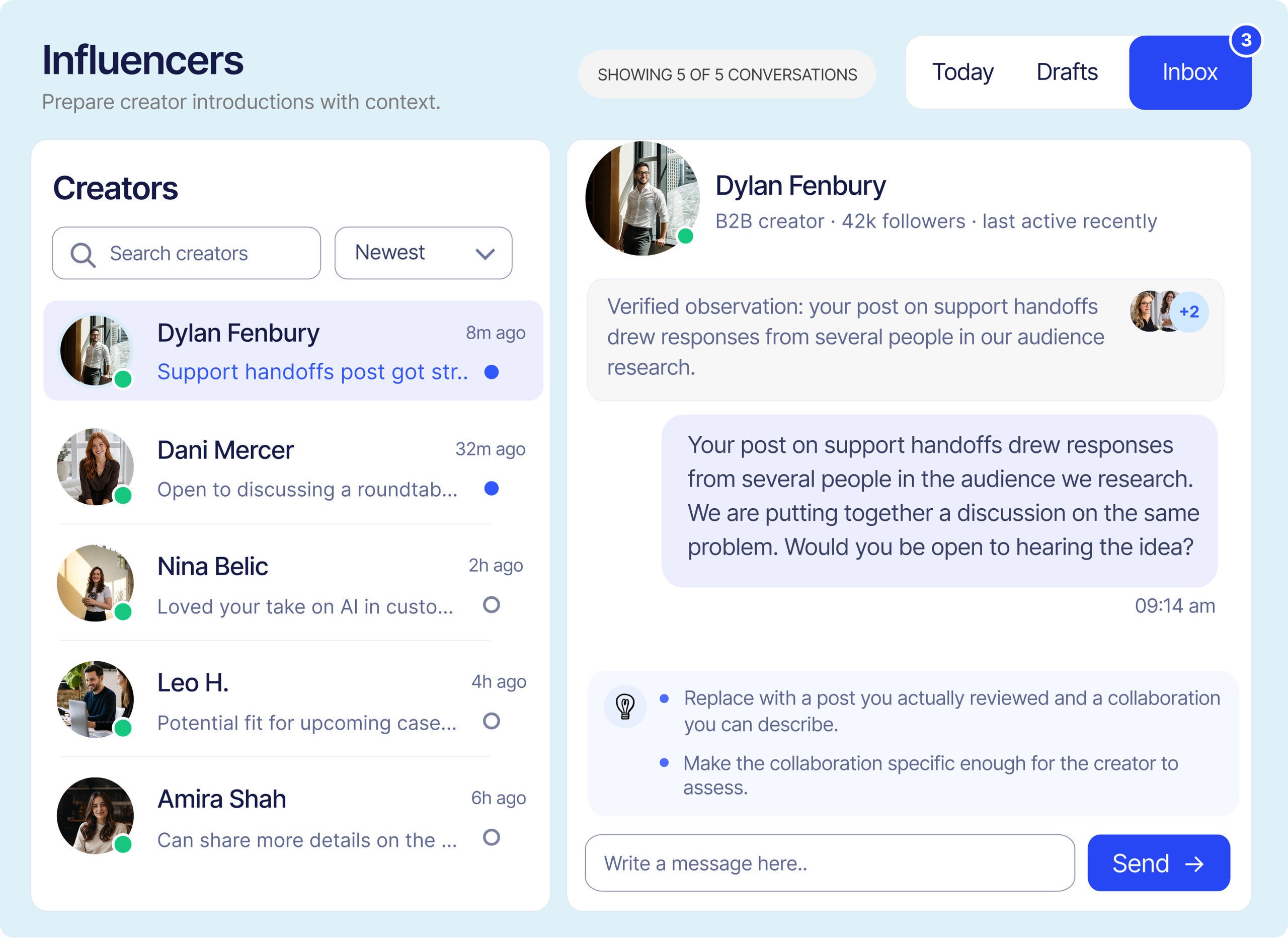 Influencers inbox: prepare creator introductions with context — creator list, a verified observation about their support-handoffs post and the drafted opening message