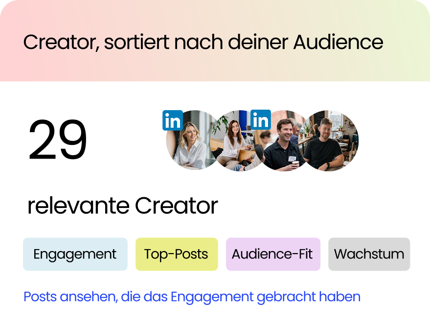 Creators ranked by your audience: 29 relevant creators scored on engagement, top posts, audience fit and growth