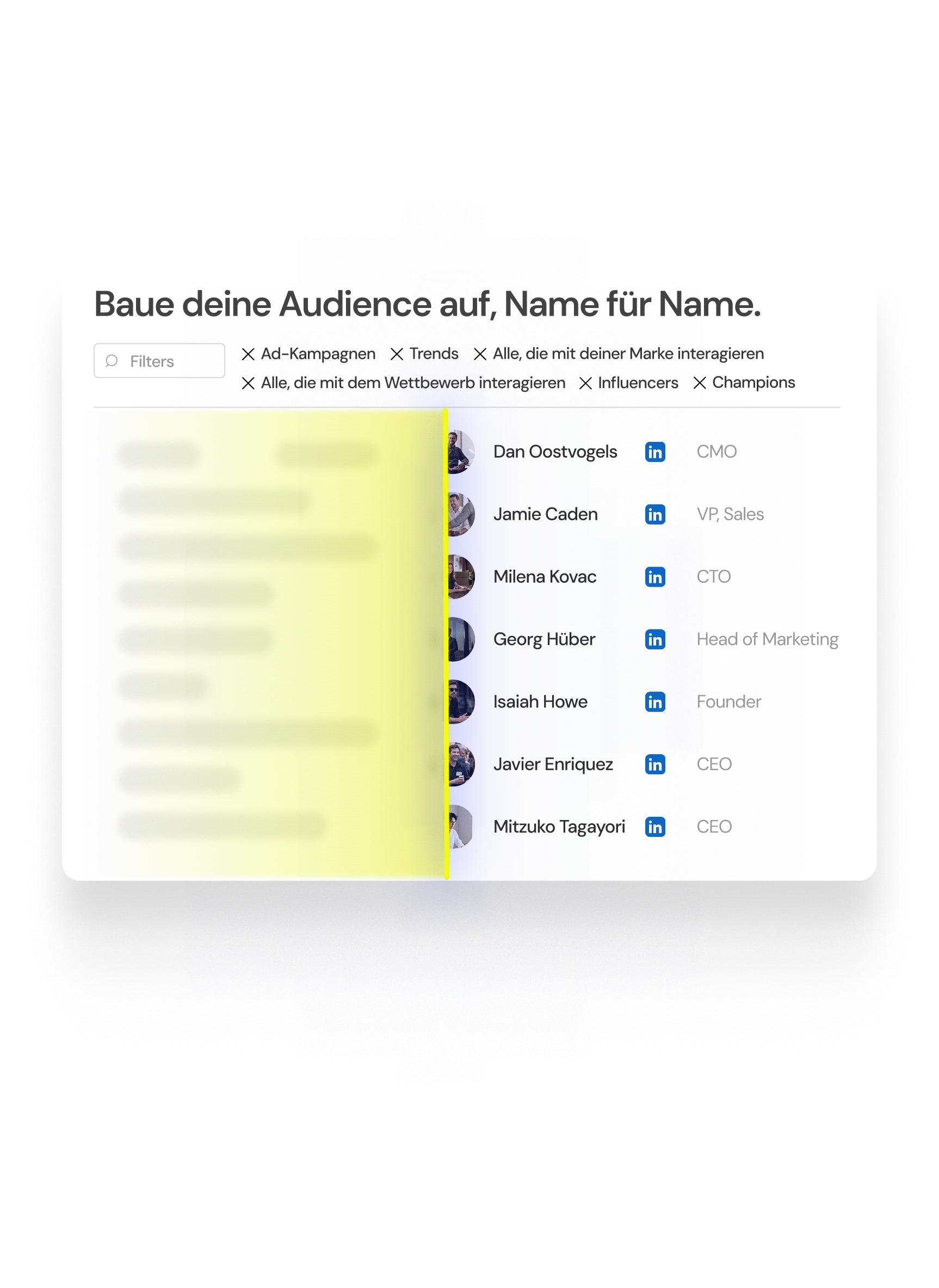 Postelix-Dashboard: Aufbau einer B2B-Zielgruppe mit Namen, beruflichen Rollen und LinkedIn-Profilen. Quellen sind Anzeigen, Trends, Interaktionen mit deiner Marke und Wettbewerbern, frühere Kunden, deine eigenen Daten und Influencer.