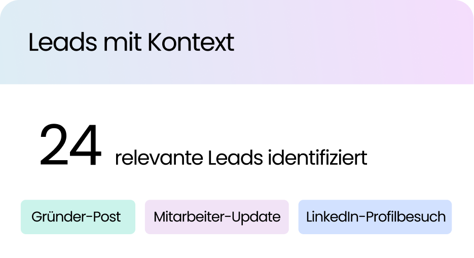Leads with context: 24 relevant leads identified from a founder post, an employee update and a LinkedIn profile visit