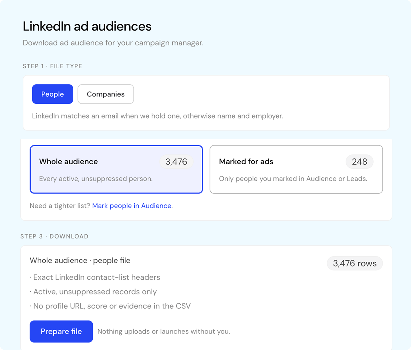 LinkedIn ad audiences: prepare a people or companies file from your audience for Campaign Manager