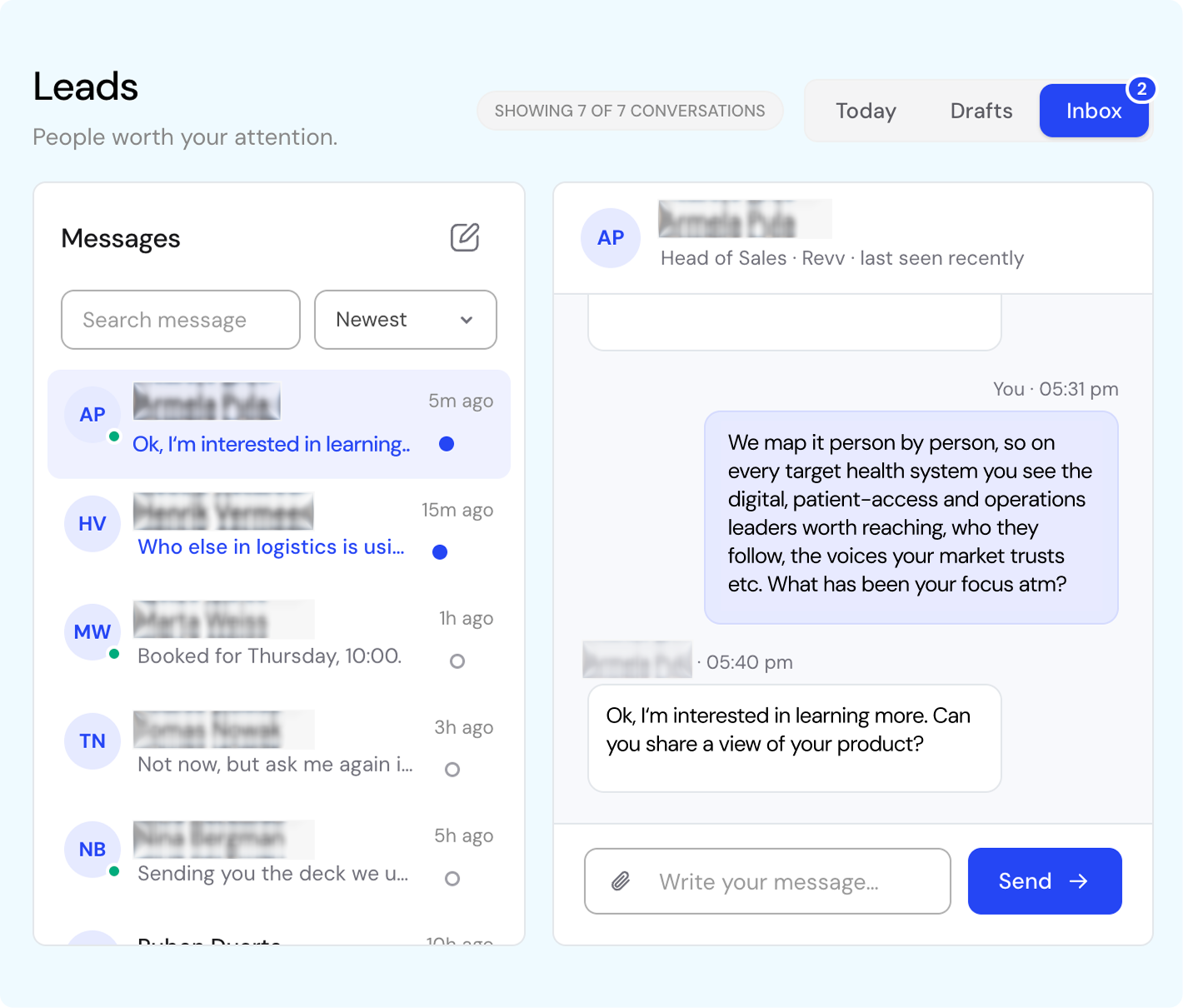 Postelix Leads inbox: 7 conversations with named people who engaged your team's LinkedIn posts — Head of Sales at Revv replying, with the full message thread so follow-up stays grounded in what happened
