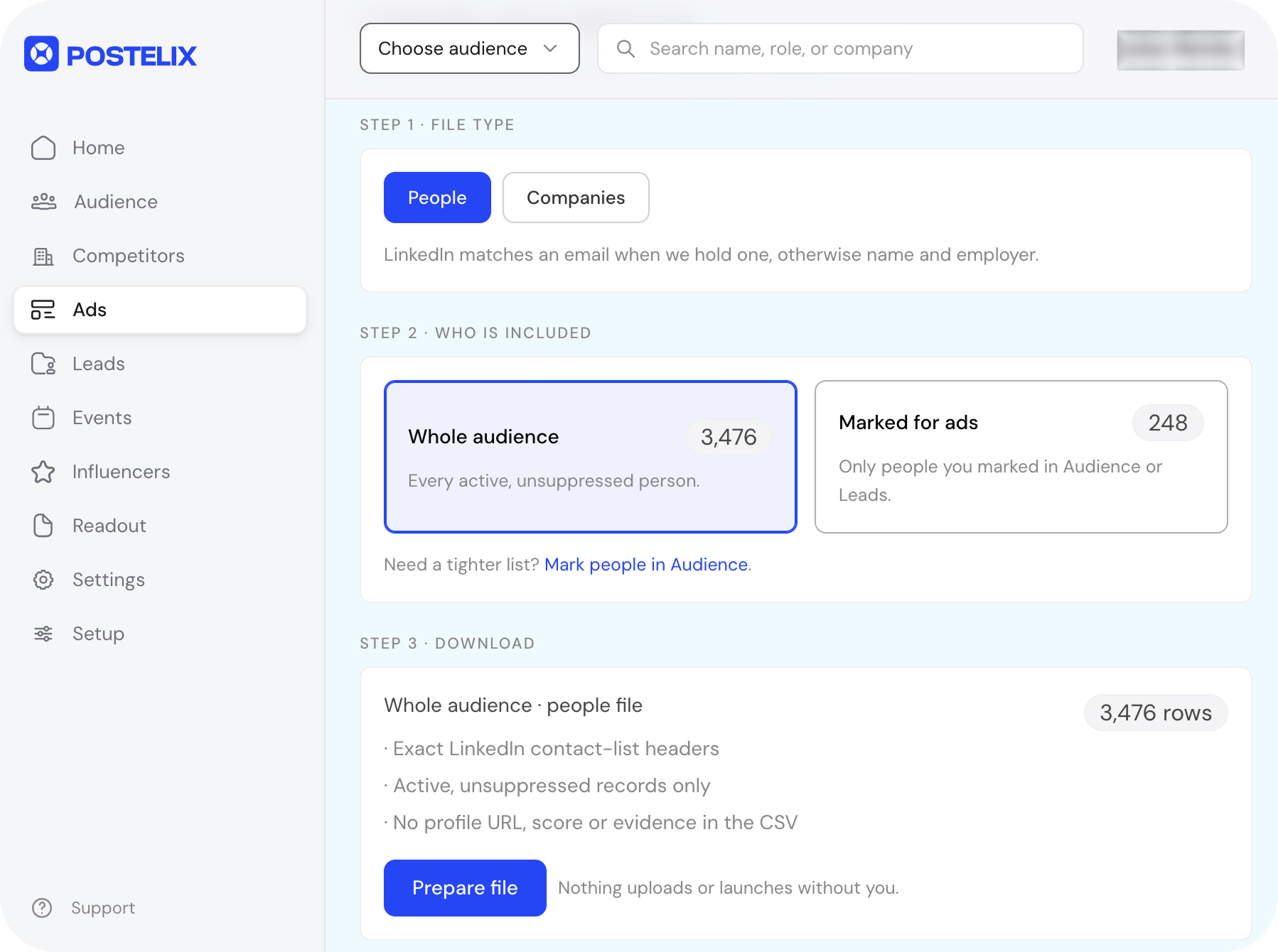 Postelix Ads view: choose people or companies, include the whole audience of 3,476 or only the 248 marked for ads, then prepare a LinkedIn contact-list file