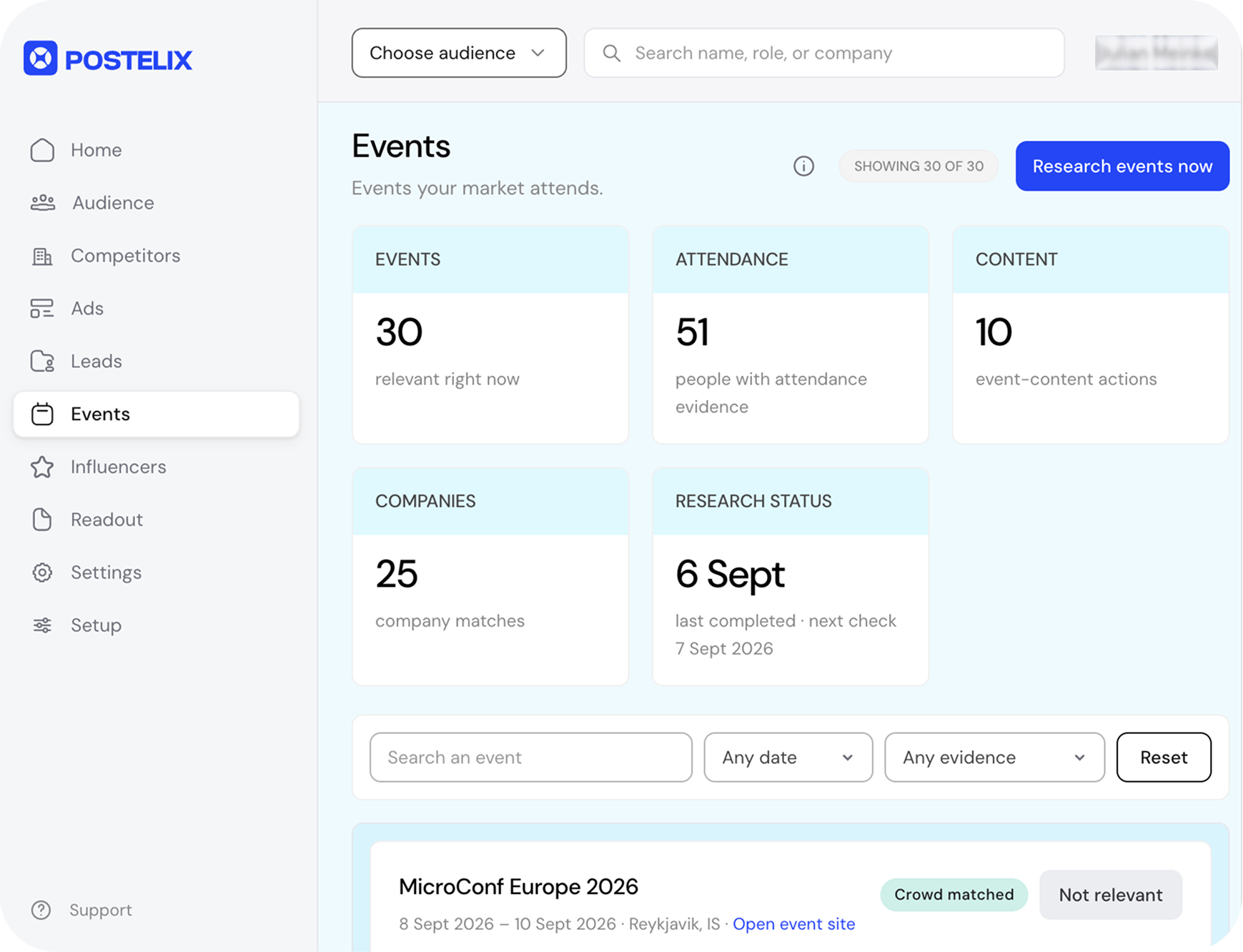 Postelix Events dashboard showing 30 relevant events, 51 people with attendance evidence and 25 company matches for a target market