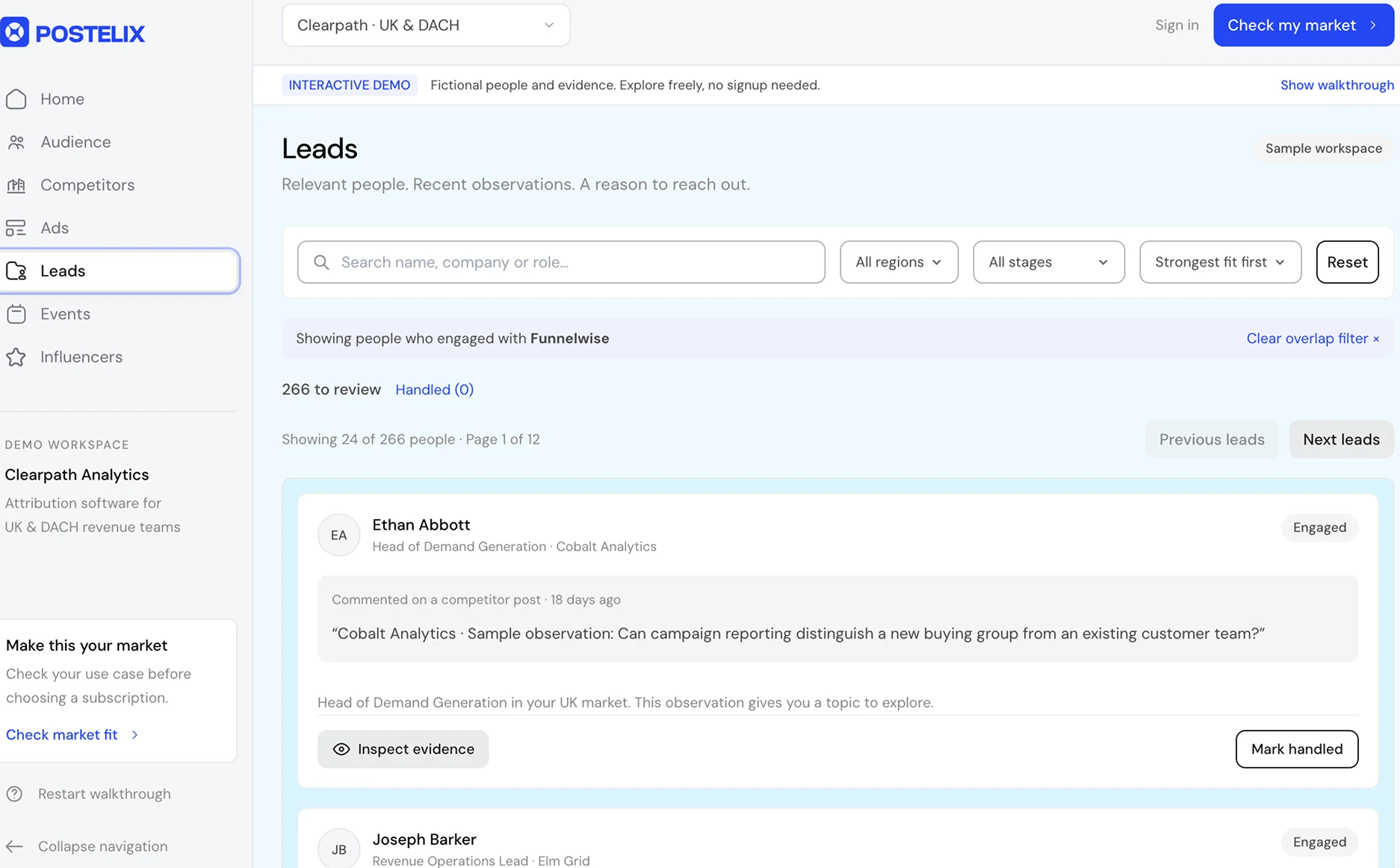 Postelix Leads view: 266 people to review, each named with role and company — Ethan Abbott, Head of Demand Generation at Cobalt Analytics, commented on a competitor post 18 days ago, with inspect evidence and mark handled actions