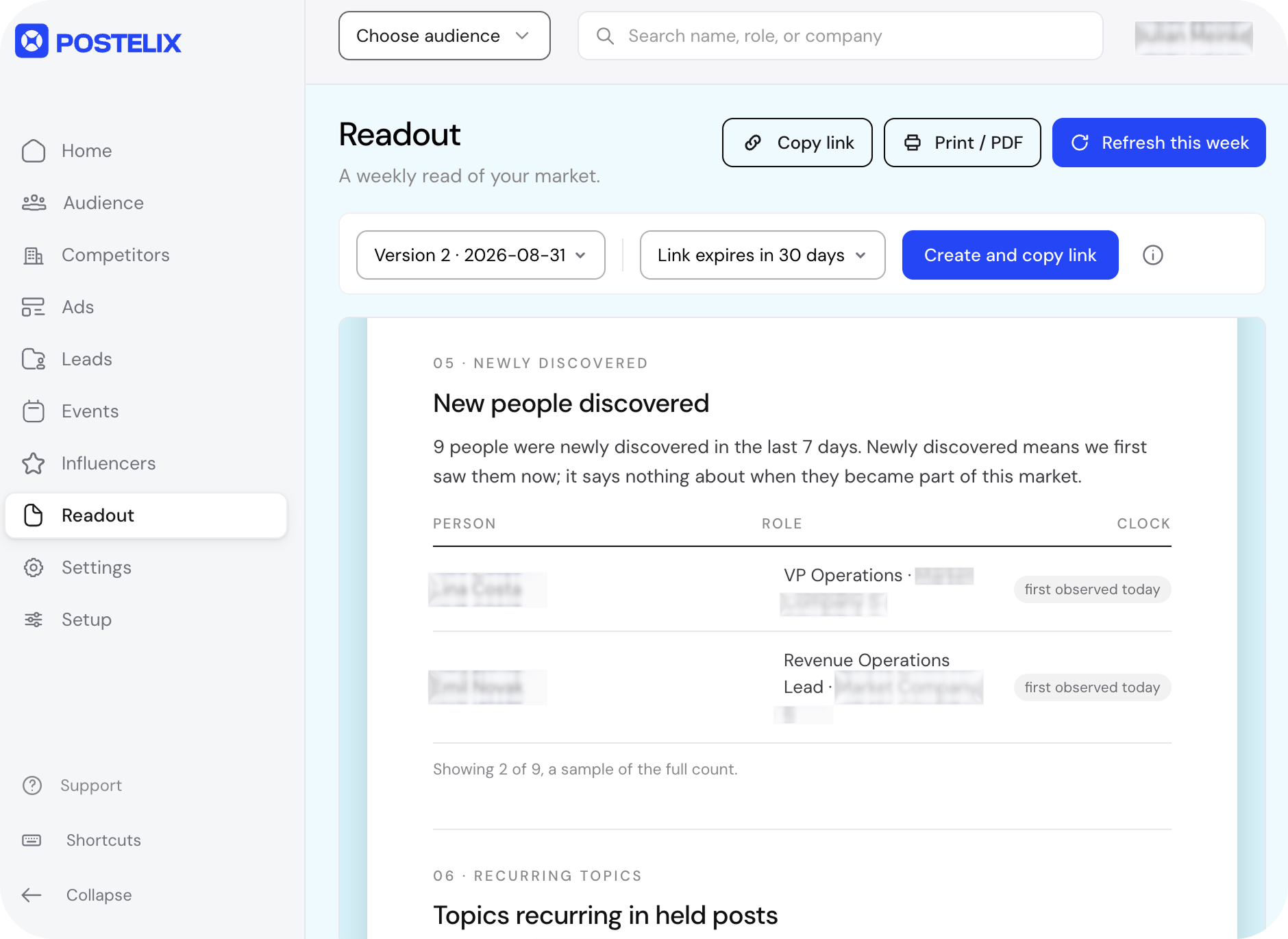 Postelix Readout: newly discovered people this week with role, company and when each was first observed, plus recurring topics in held posts